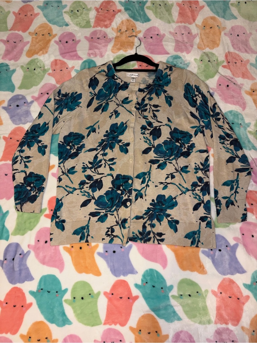 croft & barrow Beige Cardigan with Teal Floral Print